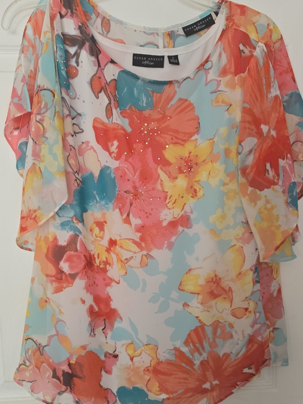 Susan Graver Floral Chiffon Overlay Top in Orange, Blue & Yellow W White Tank